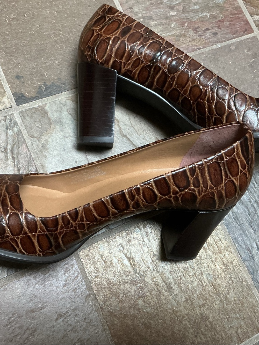 Franco Sarto Brown Croc-Embossed Block Heel Pumps